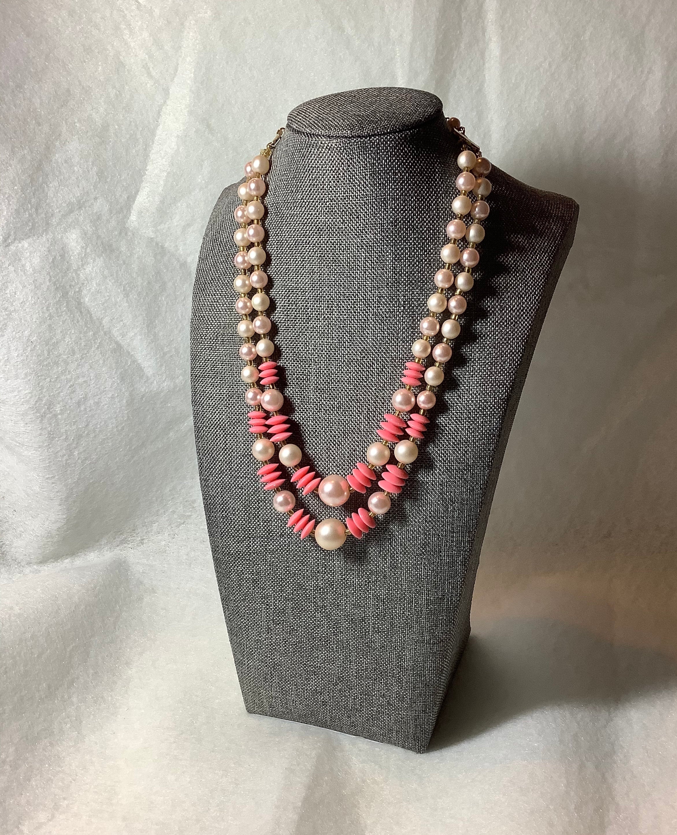 Vintage Necklace Pink Bead Japan Signed Jewelry Two Double