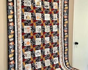 Cat Wine Quilt Handmade Completed Cotton Quilted Pieced Blanket Wine Lover Drinking Funny Cats Kittens Bottles Glasses Cheers Black Red Gift