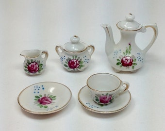 Vintage Miniature Rose Porcelain Teapot Set Creamer Sugar Bowl Teacup Tea Cup Plate Dish Small Doll Dollhouse Toy Gold Trim Red Pink Flower