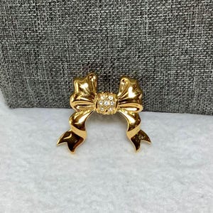 Vintage Gold Rhinestone Bow Brooch Pin Joan Rivers Signed Designer Jewelry Small Gold Tone Ribbon Glamour Romantic Festive Holiday Gift