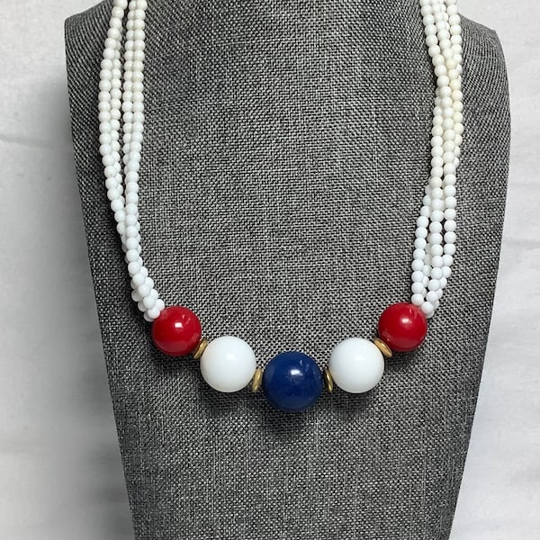 Vintage Red White Blue Bead Necklace Napier Signed Designer Jewelry Acrylic Multi Strand Patriotic July 4th Summer Nautical Gift for Her