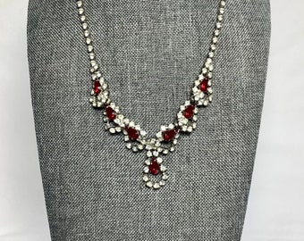 Vintage Red Teardrop Rhinestone Necklace Choker Jewelry Clear Facet Cut Rhinestones Beads Silver Tone Romantic Elegant Love Bride Gift Her