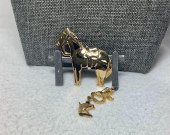 Vintage Horse Charm Brooch Pin Ultra Craft Signed Designer Jewelry Gold Tone Pewter Lasso Equestrian Cowboy Derby Stable Ranch Gift Her Wife