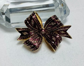 Vintage Joan Rivers Purple Bow Brooch Pin Signed Jewelry Gold Tone Purple Maroon Enamel Rhinestone Flower Love Romantic Gift For Her Wife