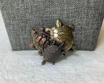 Vintage Turtle Pin Brooch K&T Kiyoka Takahashi Signed Designer Jewelry Tri Color Gold Copper Bronze Tone Metals Three Triple Tortoise Animal