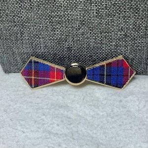 Vintage Plaid Fabric Bowtie Bow Ribbon Brooch Bar Pin Jewelry Gold Tone Red Blue Green Elegant Classic Birthday Gift Her Wife Girlfriend