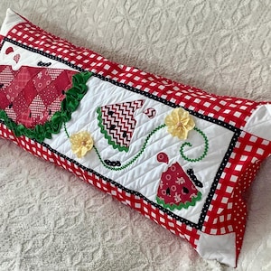 Watermelon Pillow Handmade Completed Quilted Applique Long Bench Couch Pillow w/ Form Ants Yellow Flowers Summer Picnic Red White Green Gift