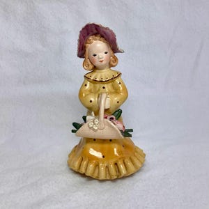 Vintage Girl Yellow Polka Dot Dress Flower Basket Figurine Porcelain Purple Bonnet Rose Floral Occupied Japan Red Letter Collectable Gift