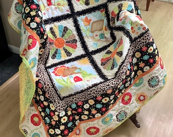 Flower Cottage House Handmade Cotton Quilt Completed Orange Yellow Animal Print Whimsey House Retro Daisy Girl Birthday Shower Nursery Gift