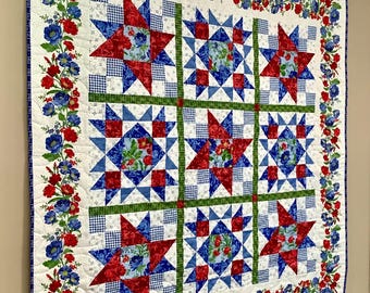 Flower Patch Handmade Quilt Completed Pieced Quilted Blanket Cotton Red White Blue Green Bright Florals Country Picnic Patriotic America