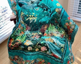 Whale Ocean Life Quilt Handmade Completed Finished Beach Underwater Turtle Fish Seashell Scuba Quilted Lap Throw Blanket Gift for Him Her