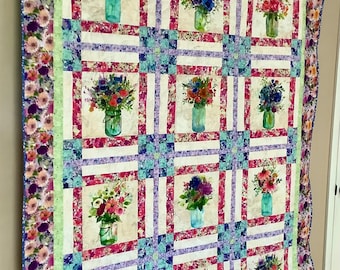 Flower Quilt Handmade Cotton Floral Bouquet Vase Quilted Blanket Rose Iris Daisy Sunflower Daffodil Pansy Wild Flowers Wedding Shower Gift