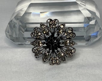 Vintage Black Rhinestone Flower Brooch Pin Pendant Jewelry Silver Tone Metal Clear Black Rhinestones Romantic Gothic Love Gift for Her Him