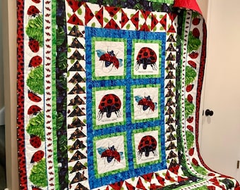 Ladybug Quilt Handmade Cotton Quilted Blanket Ladybug Firefly Lightning Bug Beetle Black Red Blue Green Children Story Book Gift