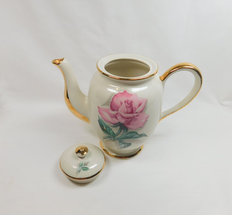 Vintage Pink Rose Teapot Large Flower Floral Gold Painted Handle Spout Trim Footed Porcelain Tea Pot Serving Formal Dining Wedding Decor