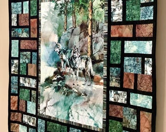 Handmade Wolf Quilt: Cotton Wilderness Blanket, Earth Tones (52x65) Completed Gift
