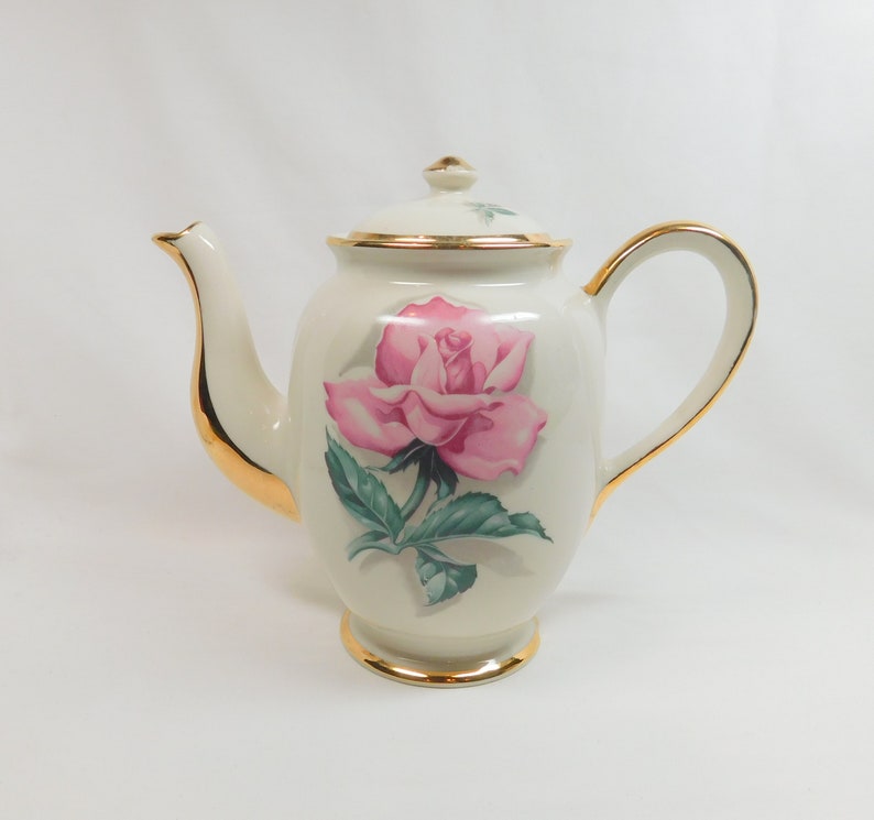 Vintage Pink Rose Teapot Large Flower Floral Gold Painted Handle Spout Trim Footed Porcelain Tea Pot Serving Formal Dining Wedding Decor