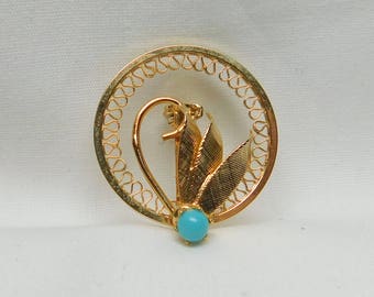Vintage Gold Turquois Brooch Pin Signed 12KGF Jewelry Round Filigree Floral Wreath Blue Stone Bead Flower Petal Gift for Her Wife Bridesmaid