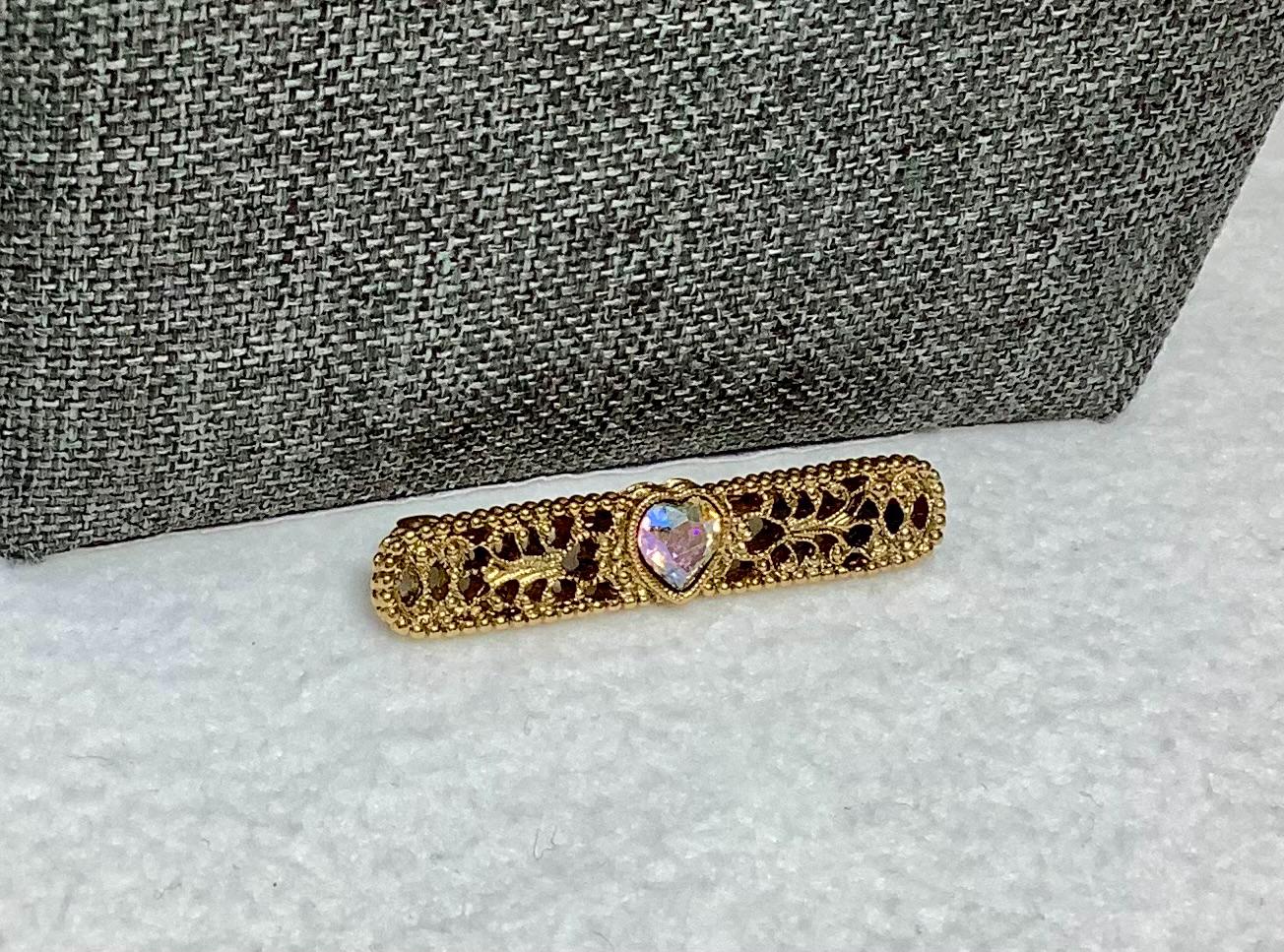Heart of Hearts Gold Tone Brooch by Jennifer | Mercari Gold Tone Filigree Bar Brooch w/ AB Heart Rhinestone Romantic Pin main image 2