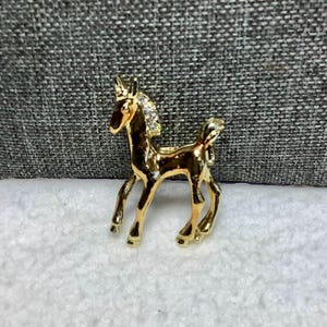 Vintage Small Rhinestone Horse Pony Brooch Pin Jewelry Gold Tone High Shine Equestrian Thoroughbred Race Derby Stable Ranch Gift Her Wife