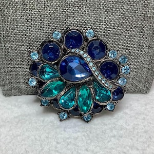 Vintage Blue Abstract Flower Brooch Pin Jewelry Large Acrylic Beads Small Cut Glass Rhinestones Swirl Ribbon Teal Blues Gift Her Wife