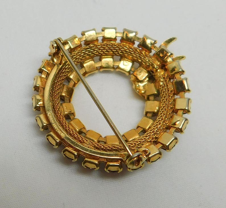 Vintage Austria Wreath Brooch Pin Signed Jewelry Facet Cut Glass Amber Rhinestone Gold Rope Weave Ribbon Round Circle Bride Gift For Her image 5