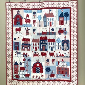 American Patriotic Town Quilt Completed Finished Handmade Quilted Blanket Red White Blue Country Farm Barn Prairie Fourth July Cows Gift Her