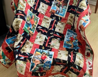 Fishing Quilt Handmade Cotton Quilted Lap Throw Blanket Fisherman Angler Sportsman Fish Boat Trophy Bass Trout Pin Up Girls Gift for Man Him