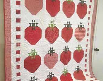 Custom Strawberry Quilt Handmade MADE TO ORDER Quilted Blanket Pink Red Berries Sweet Berry Strawberries Fruit Dessert Summer Farmhouse Gift