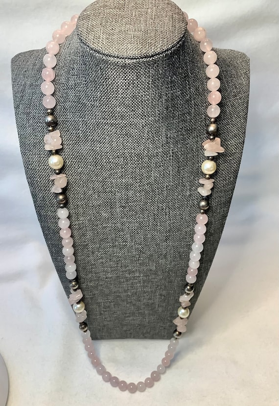 Vintage Pink Quartz Bead Necklace Jewelry High Pol