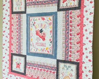 Pink Pig Quilt Handmade Cotton Blanket Completed Whimsey Flying Pigs Anything Possible Hope Imagination Flower Florals Shower Friend Gift