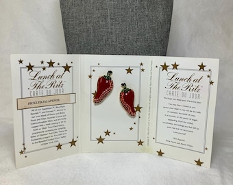 Vintage Pickled Jalapeño Earrings Lunch At The Ritz Signed Designer Jewelry Gold Tone Red Enamel Pepper Rhinestones Menu Card Carte Du Jour