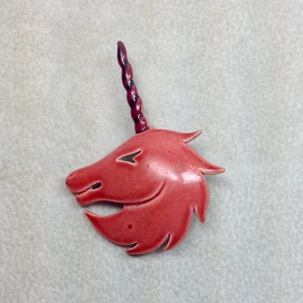 Vintage Unicorn Enamel Painted Brooch Pin Red Pink Head Horn Mythical Fantasy