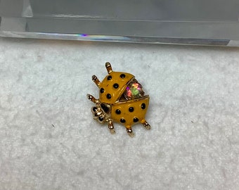 Vintage Yellow Ladybug Brooch Pin Signed Jewelry Korea Gold Tone Rhinestone Enamel Little Bug Beetle Insect Animal Gardener Gift for Her