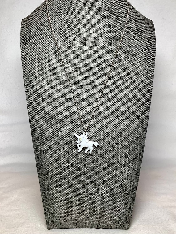 Vintage White Unicorn Pendant Necklace Enamel Char