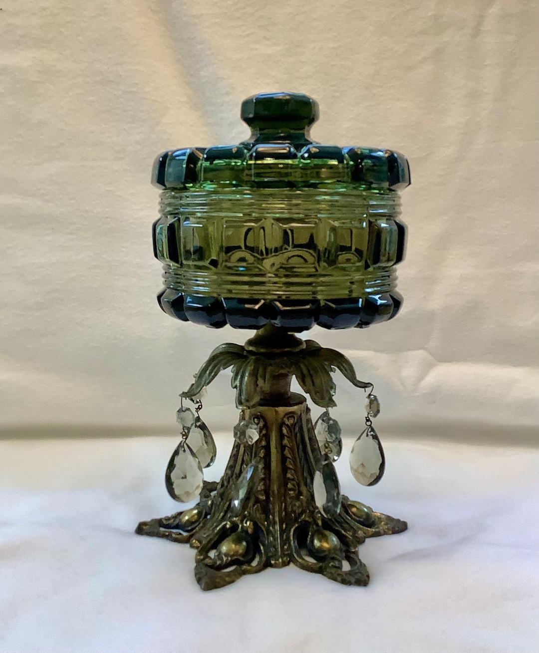 Vintage Bohemia Green Glass Compote Jar Lid Czechoslovak Pedestal Bowl