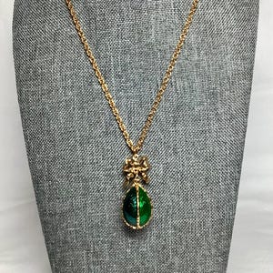 Vintage Red Green Faberge Egg Pendant Necklace Joan Rivers Signed Designer Jewelry Gold Tone Bow Ribbon Split Oval Teardrop Glamour Gift Her