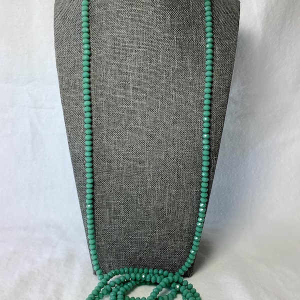 Vintage Green Cut Glass Necklace Betty Signed Designer Jewelry Long Faceted Milk Teal Green Tone Crystal Beads Elegant Glamour Classy Style