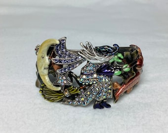 Kirks Folly Rhinestone Witch Bracelet Retired Signed Jewelry Cuff Enamel Owl Moon Broom Stars Purple Green Costume Glamour Halloween Gift