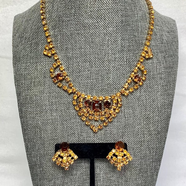 Vintage Yellow Brown Rhinestone Necklace Choker Earring Set Matching Gold Tone Facet Square Cut Glass Romantic Elegant Bride Gift Her Wife