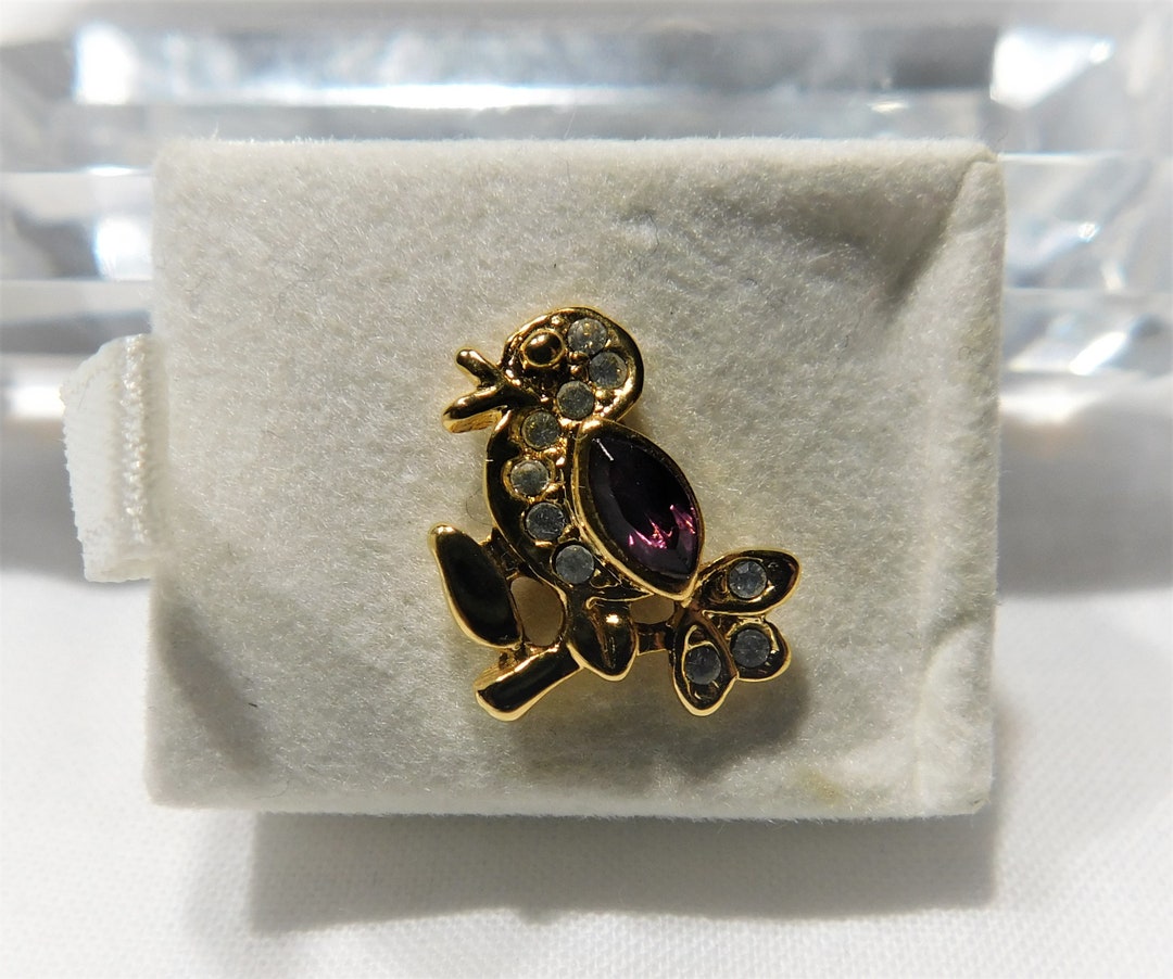 Vintage Bird Tack Pin Jewelry Purple Clear Rhinestone Gold Tone Animal ...