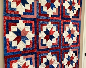 Red White Blue Quilt Handmade USA Patriotic America Quilted Cotton Blanket July Fourth Freedom Military Patriot Independence Day Completed