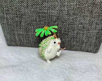 Vintage Hedgehog Pin Brooch Jewelry Gold Tone Green White Enamel Flower Umbrella Floral Friendly Cute Animal Happy Walking Encouragement
