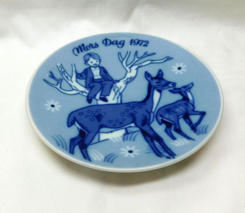 1972 Porcelain Small Plate Limited Third Issue Porsgrunds Norway Blue White Boy in Tree Deer Fawn Flower Gift Mothers Day Vintage Mors Dag