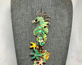 Vintage Seahorse Brooch Pin Lunch At The Ritz Signed Designer Jewelry Gold Tone Green Pink Rhinestone Dangle Charm Ocean Shell Starfish LATR