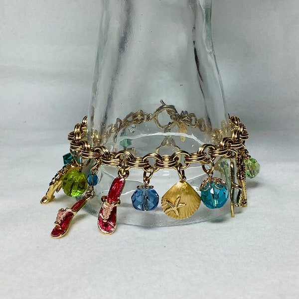 Kirks Folly Beach Charm Bracelet Signed Jewelry Gold Tone Chain Rhinestone Palm Tree Seahorse Seagull Sandals Ocean Pink Blue Green Beads