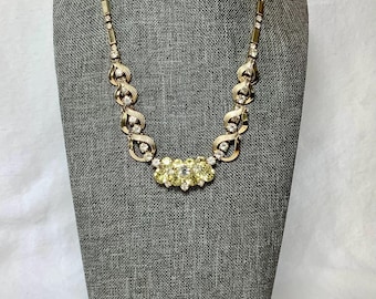 Vintage Yellow Rhinestone Necklace Sarah Coventry Signed Designer Jewelry Gold Tone Clear Citrine Glass Cluster Glamour Romantic Elegant