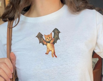 Retro Cat Halloween Baby Tee, Cat Mom Baby Tee Vintage Girly Halloween Graphic Tee Kitten Pumpkin Spooky Season Baby Tee for Fall
