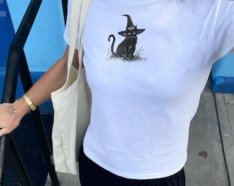 Halloween Baby Tee Shirt, Halloween Babytee, Retro Halloween Crop Top, Preppy Halloween, Cat Baby Tee, Witch Crop Top, Retro Halloween Tee