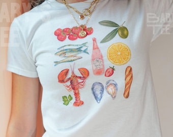 Tin Fish Baby Tee Shirt, Coquette Baby Tee, Scrapbook Baby Tee, Fitted Crop Top, Seafood Italian Summer Baby Tee, Coastal Grandma Aesthetic